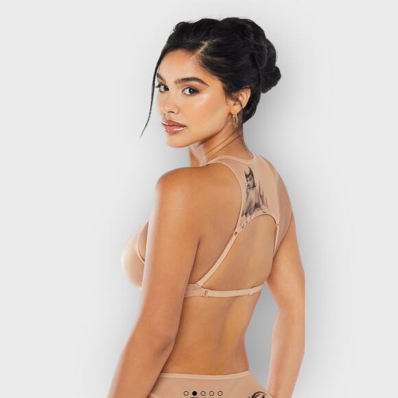 Savage X Fenty Tattooed Tricot High Neck Bra 32C Brown Lace Detail Sexy Lingerie - Picture 9 of 9